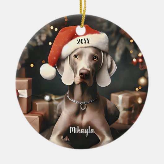 Beautiful Weimaraner with Santa Hat Christmas Keramik Ornament (Vorne)