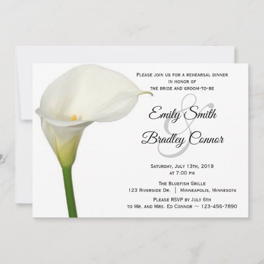 Beautiful White Calla Lily Probe Dinner Einladung (Vorderseite)