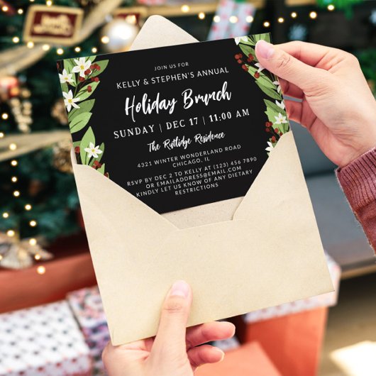 Beautiful White Floral Red Berries Holiday Brunch Einladung