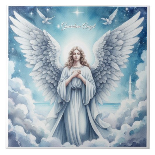 Beautiful White Guardian Angel Fliese (Vorderseite)