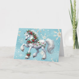 Beautiful White Horse and Holly Christmas Feiertagskarte