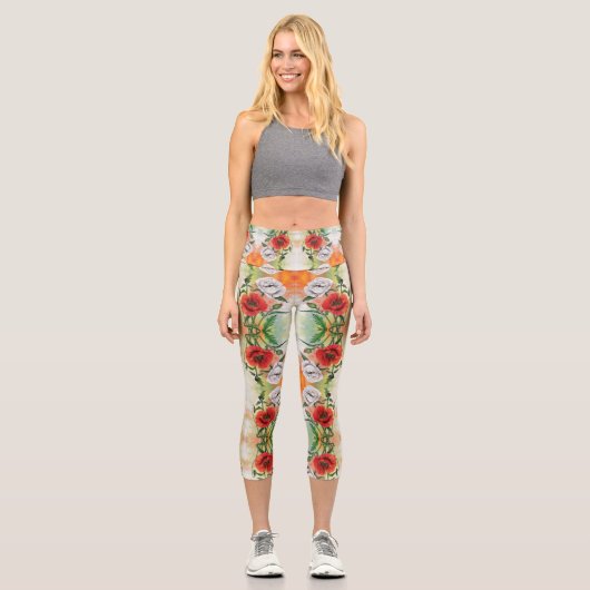 Beautiful White Poppy Capri Leggings (Vorderseite)
