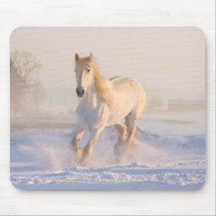 Beautiful White Stallion Running Through the Snow Mousepad