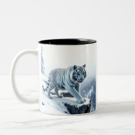 Beautiful White Tiger On Snow Covered Cliffs Zweifarbige Tasse