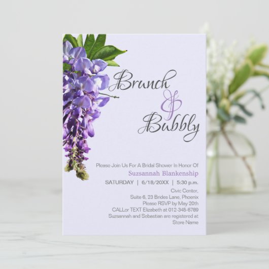 Beautiful Wisteria Brunch Bubbly Brautparty Einladung (Stehend Vorderseite)