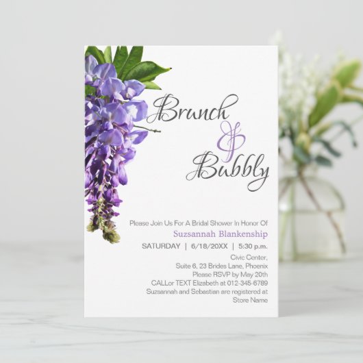 Beautiful Wisteria Brunch Bubbly Brautparty Einladung (Stehend Vorderseite)