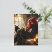 beautiful witch and cat enjoying tea and a book postkarte (Stehend Vorderseite)