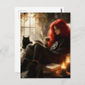 beautiful witch and cat enjoying tea and a book postkarte (Vorne/Hinten)