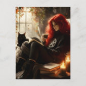 beautiful witch and cat enjoying tea and a book postkarte (Vorderseite)