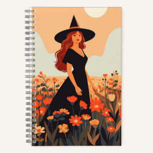 Beautiful Witch in flowers fields Colorful Illustr Notizblock