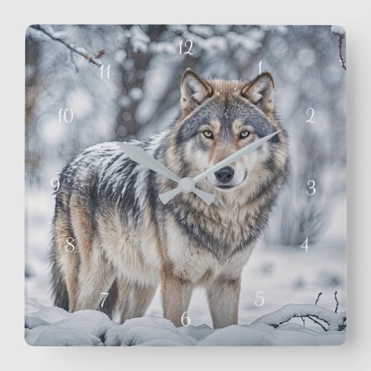 Beautiful Wolf in the Snow Wildlife Quadratische Wanduhr (Vorderseite)
