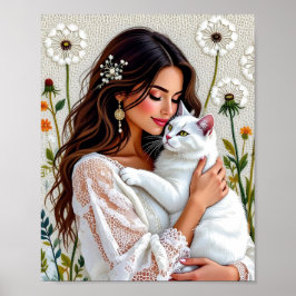 Beautiful Woman, Cat and Dandelions Poster