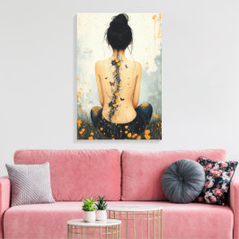 Beautiful Woman, Ink, Wildflowers and Butterflies Leinwanddruck