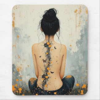 Beautiful Woman, Ink, Wildflowers and Butterflies Mousepad