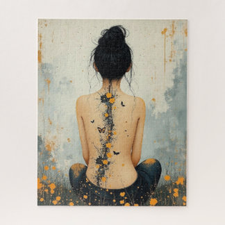 Beautiful Woman, Ink, Wildflowers and Butterflies Puzzle