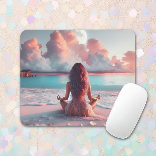 Beautiful Woman Meditating on Beach Blank Mousepad