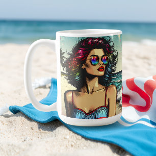Beautiful Woman on Beach Comic Book Pop Art Kaffeetasse