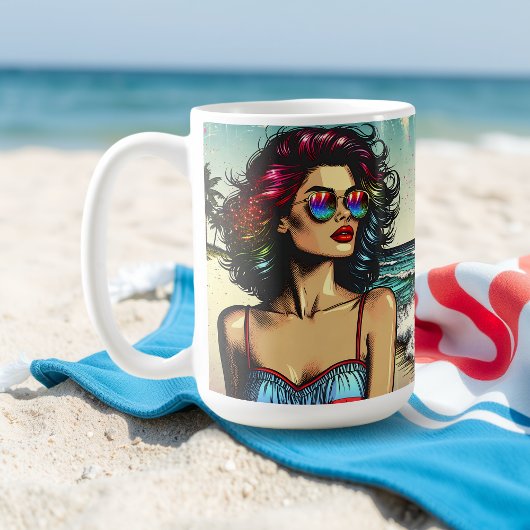 Beautiful Woman on Beach Comic Book Pop Art Kaffeetasse