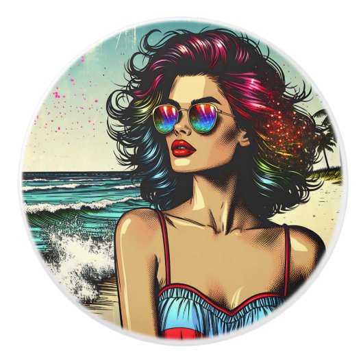 Beautiful Woman on Beach Comic Book Pop Art Keramikknauf (Vorderseite)