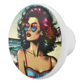 Beautiful Woman on Beach Comic Book Pop Art Keramikknauf (Rechts)