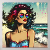 Beautiful Woman on Beach Comic Book Pop Art Poster (Vorne)