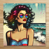 Beautiful Woman on Beach Comic Book Pop Art Poster