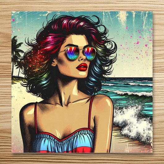 Beautiful Woman on Beach Comic Book Pop Art Poster