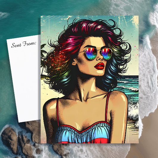Beautiful Woman on Beach Comic Book Pop Art Postkarte