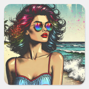 Beautiful Woman on Beach Comic Book Pop Art Quadratischer Aufkleber