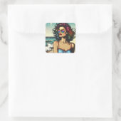 Beautiful Woman on Beach Comic Book Pop Art Quadratischer Aufkleber (Tasche)