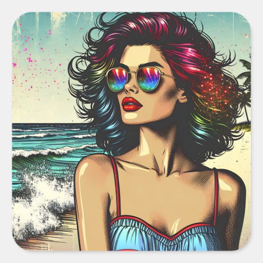 Beautiful Woman on Beach Comic Book Pop Art Quadratischer Aufkleber (Vorderseite)