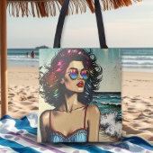 Beautiful Woman on Beach Comic Book Pop Art Tasche