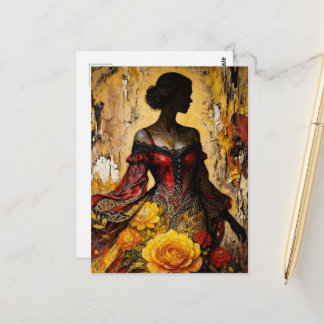 Beautiful Woman Red Dress Yellow Roses Postkarte