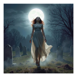 Beautiful Woman Walking In a Moonlit Cemetery Fotodruck