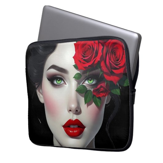 Beautiful Woman with Red Rose Laptopschutzhülle (Vorderseite Links)
