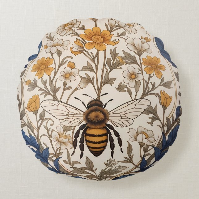 Beautiful Yellow and Blue Floral Vintage Bee Rundes Kissen (Vorderseite)
