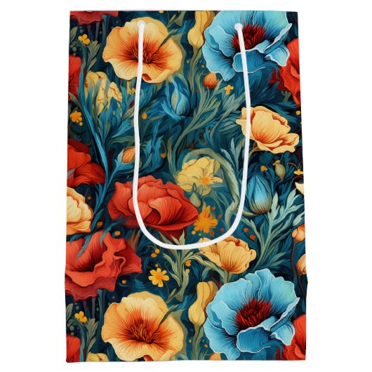 Beautiful Yellow Blue and Red Flowers Wine, Small, Mittlere Geschenktüte (Rückseite)