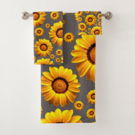 Beautiful yellow flowers on gray background badhandtuch set