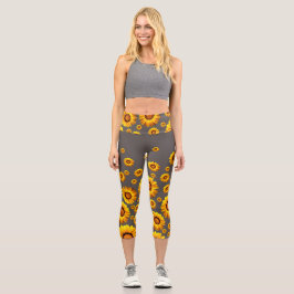 Beautiful yellow flowers on gray background capri leggings