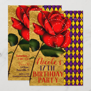 Beauty & Beast Rote Sparkle Rose Geburtstagsparty Einladung