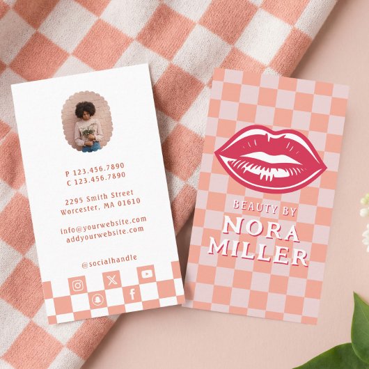Beauty By Retro Pink Checkerboard Lips Makeup Visitenkarte