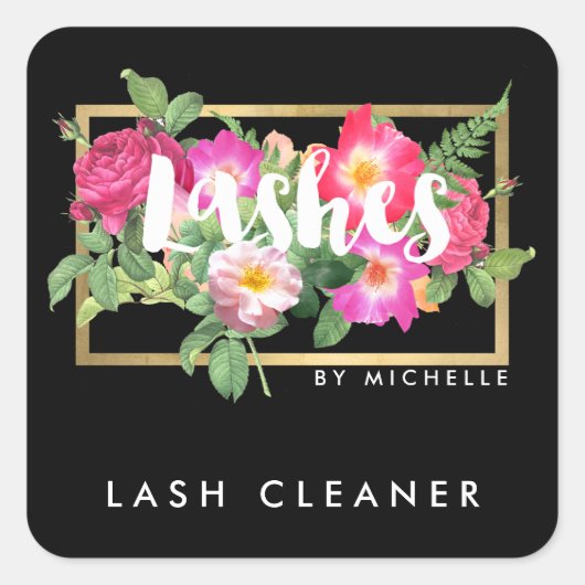 Beauty Florals Lash Extensions Black Lash Cleaner Quadratischer Aufkleber (Vorderseite)