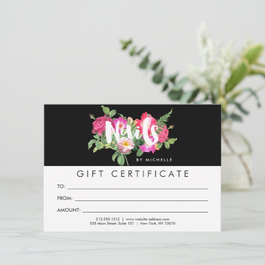 Beauty Florals Nail Salon Black Gift Certificate (Stehend Vorderseite)