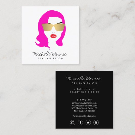 Beauty Girl Haar Stylist Salon Mode Pink Quadratische Visitenkarte (Vorne/Hinten)