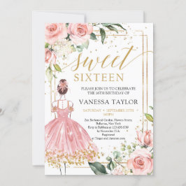 Beauty Girl Kleid rot blumengold 16 . Geburtstag Einladung