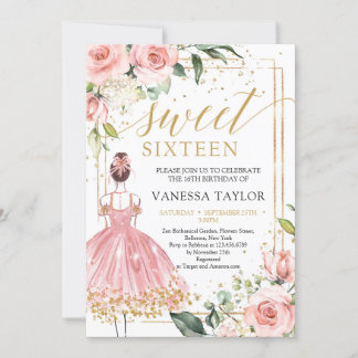 Beauty Girl Kleid rot blumengold 16 . Geburtstag Einladung
