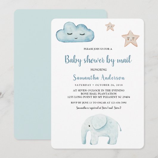 Beauty Pastel Blue Elephant Babydusche per Mail Einladung (Vorne/Hinten)