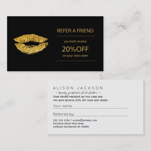 Beauty Products Distributor Gold Lips Referenz Empfehlungskarte (Vorne/Hinten)