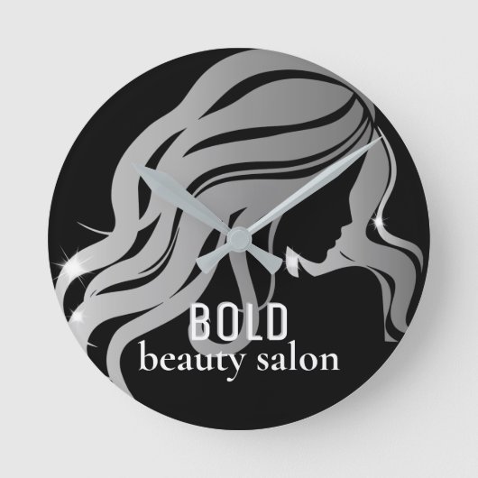 Beauty Salon Business Name Metallic Silver + Black Runde Wanduhr (Vorderseite)