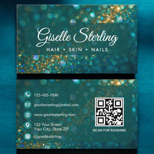Beauty Salon Gold Glitzer Aquamarin QR Code Visitenkarte